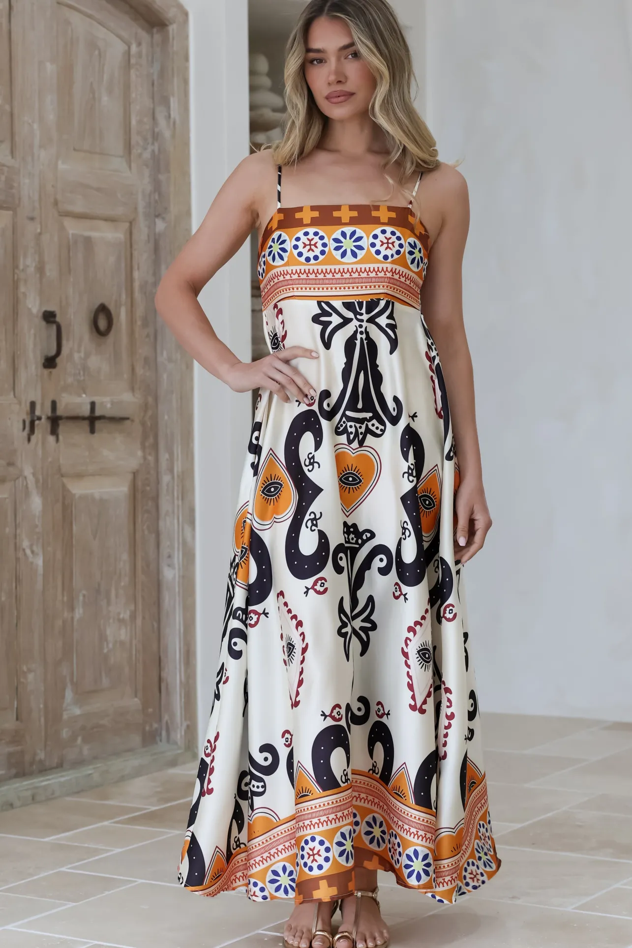 Bonita Maxi Dress - Spaghetti Strap Sun Dress in Belrae Print>Salty Crush Sale
