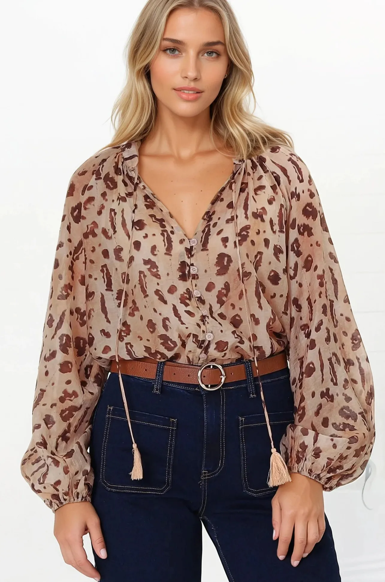 Bonnie Blouse - Button Down Scoop Hem Blouse in Leopard Print>Salty Crush Clearance