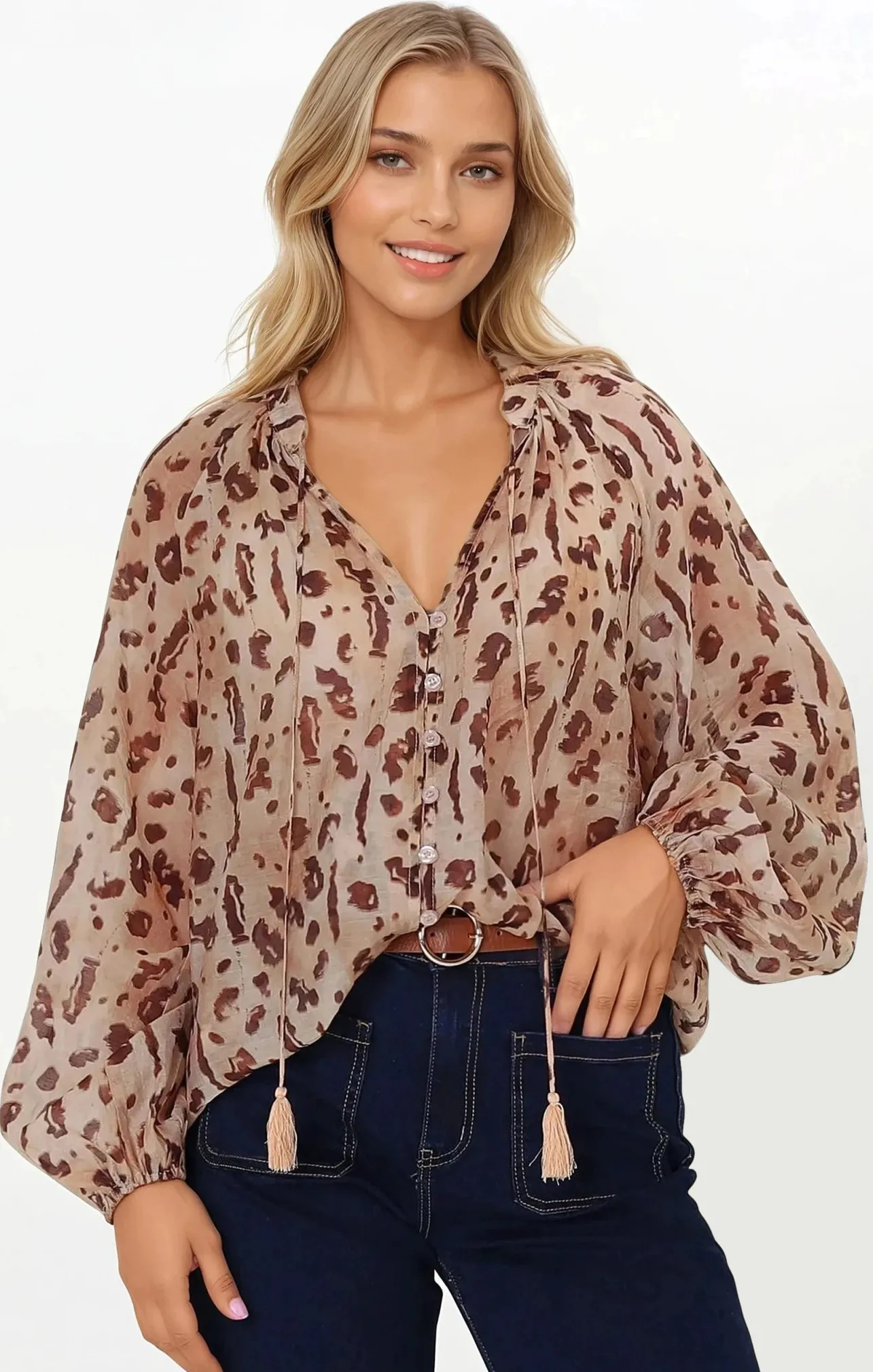 Bonnie Blouse - Button Down Scoop Hem Blouse in Leopard Print>Salty Crush Clearance