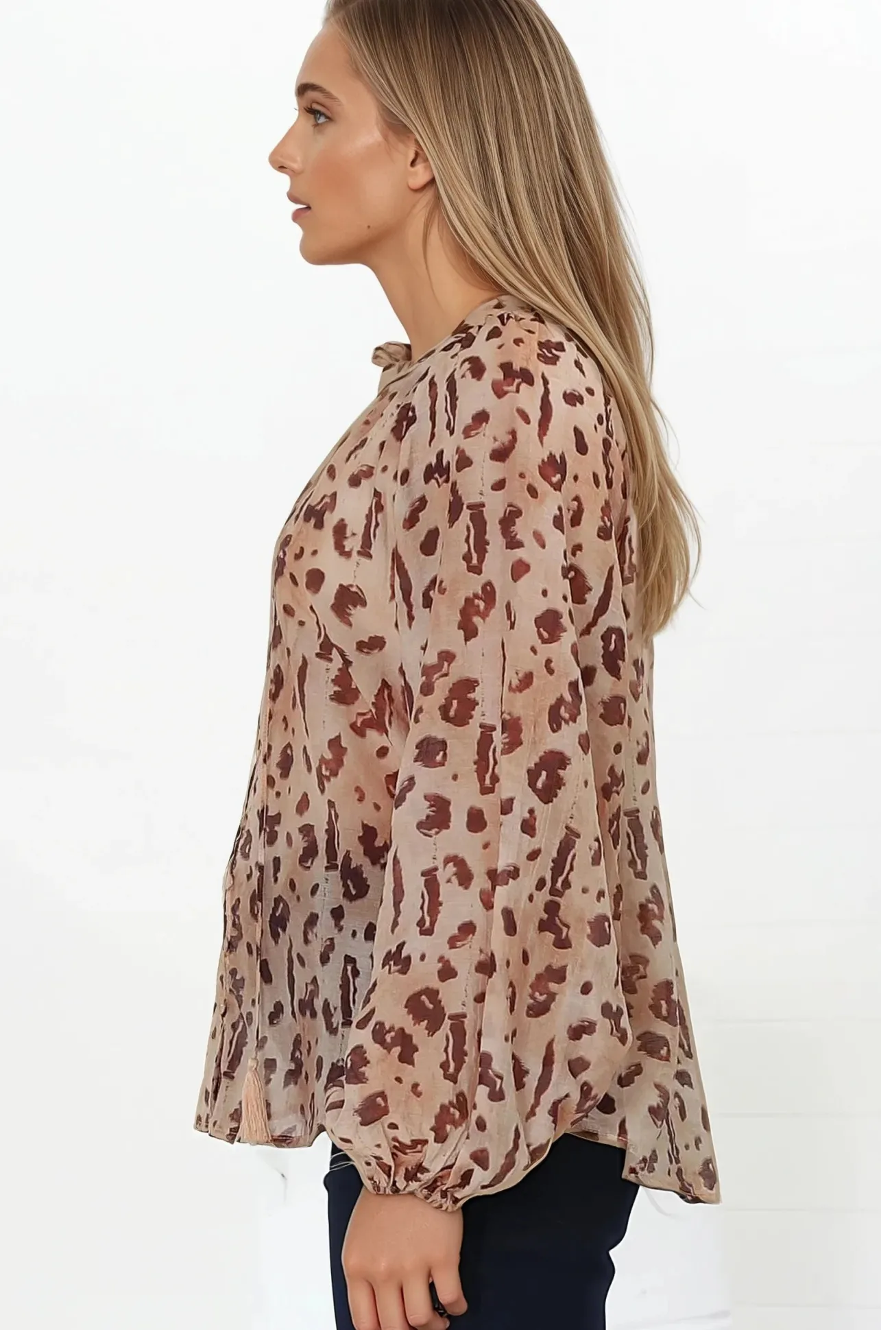 Bonnie Blouse - Button Down Scoop Hem Blouse in Leopard Print>Salty Crush Clearance
