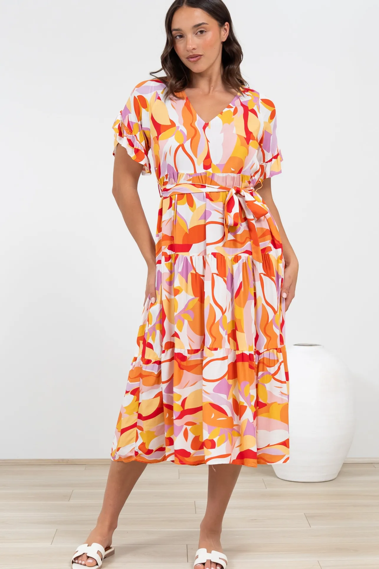Bosco Midi Dress - V-Neck Tiered Dress with Waist Tie in Fallon Print>Salty Crush Sale