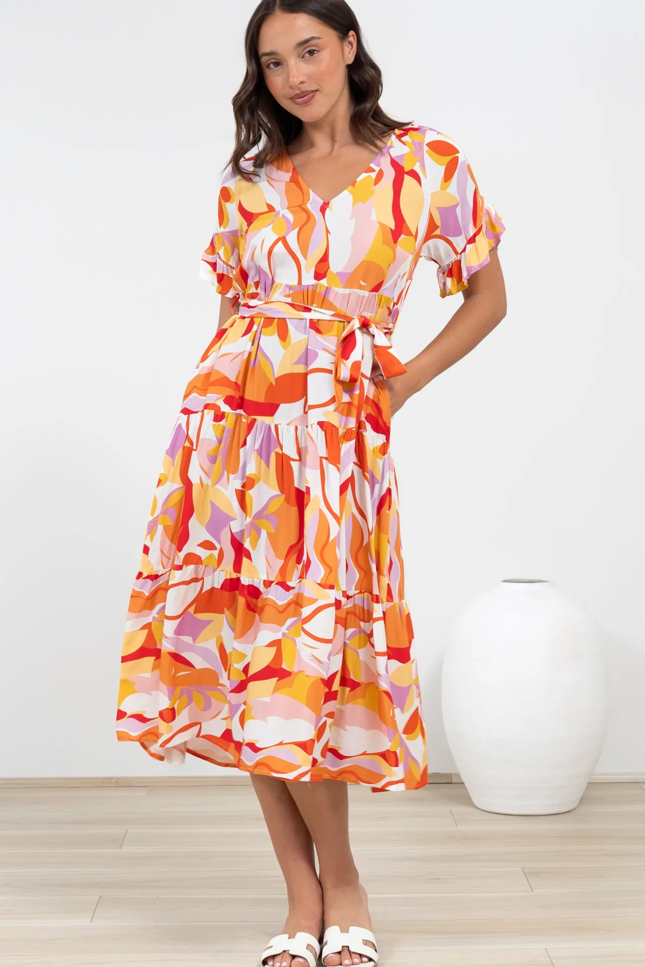 Bosco Midi Dress - V-Neck Tiered Dress with Waist Tie in Fallon Print>Salty Crush Sale