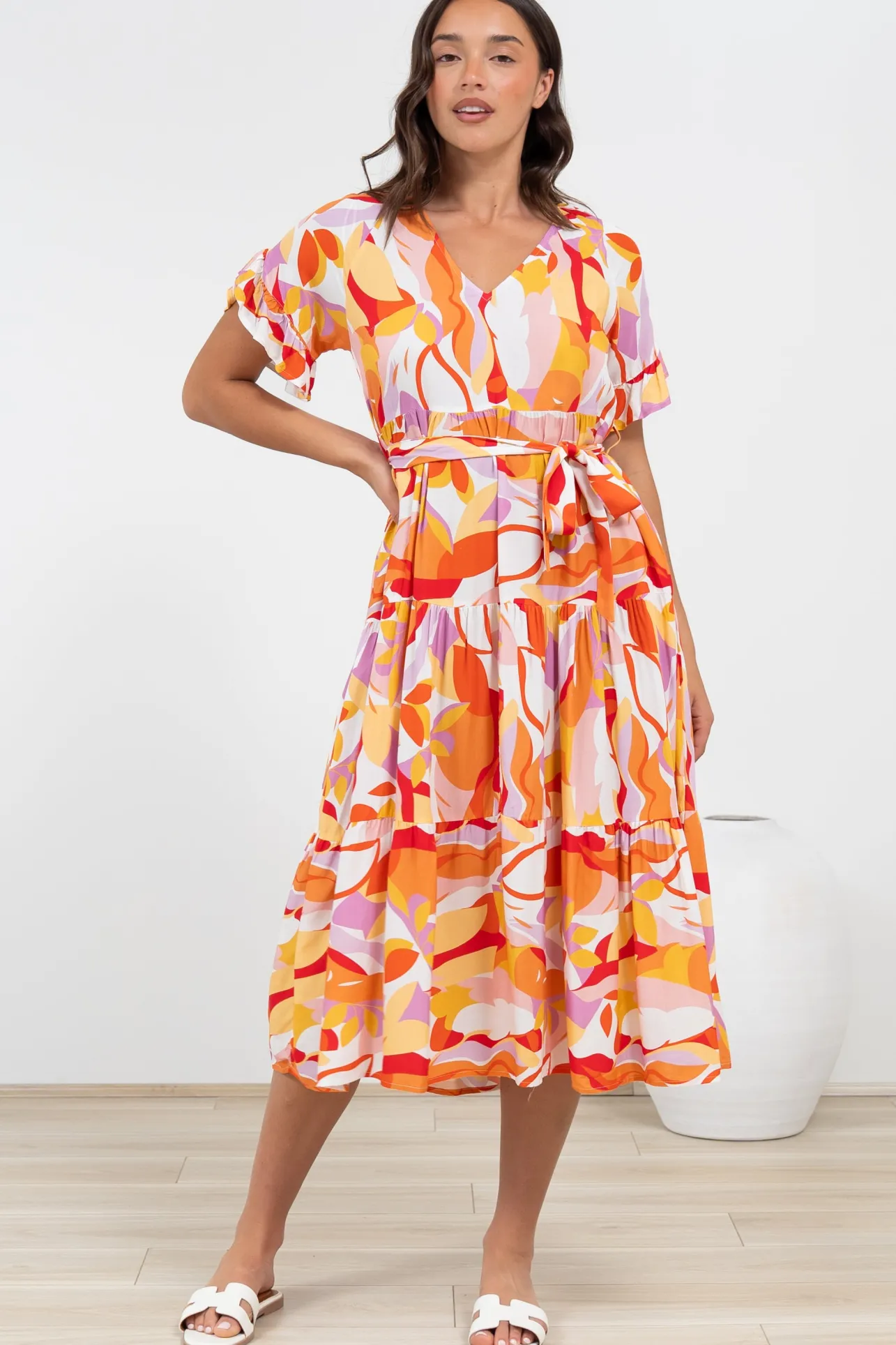 Bosco Midi Dress - V-Neck Tiered Dress with Waist Tie in Fallon Print>Salty Crush Sale