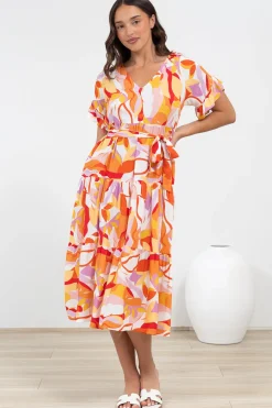 Bosco Midi Dress - V-Neck Tiered Dress with Waist Tie in Fallon Print><noscript><img width=