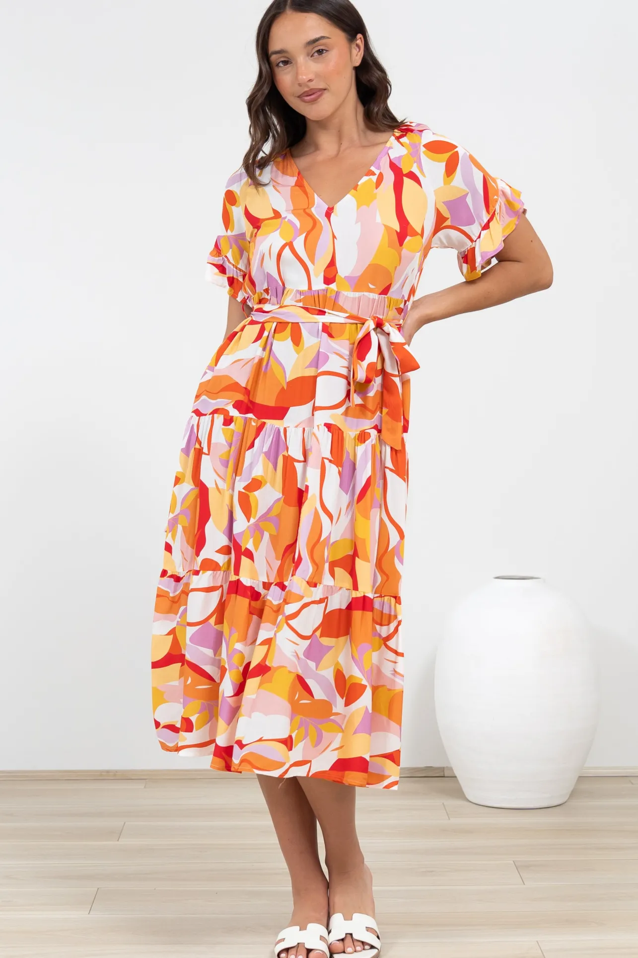 Bosco Midi Dress - V-Neck Tiered Dress with Waist Tie in Fallon Print>Salty Crush Sale