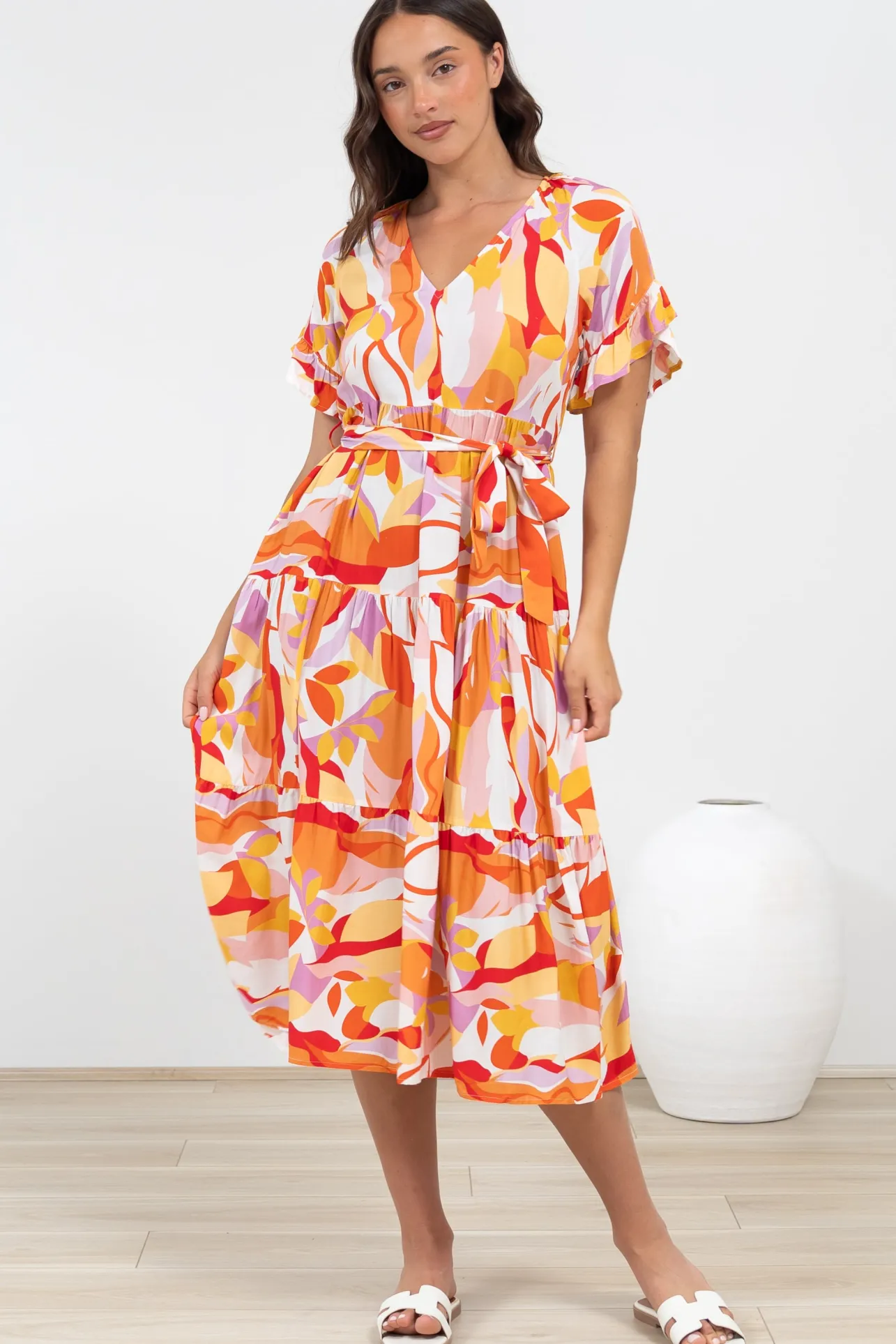 Bosco Midi Dress - V-Neck Tiered Dress with Waist Tie in Fallon Print>Salty Crush Sale