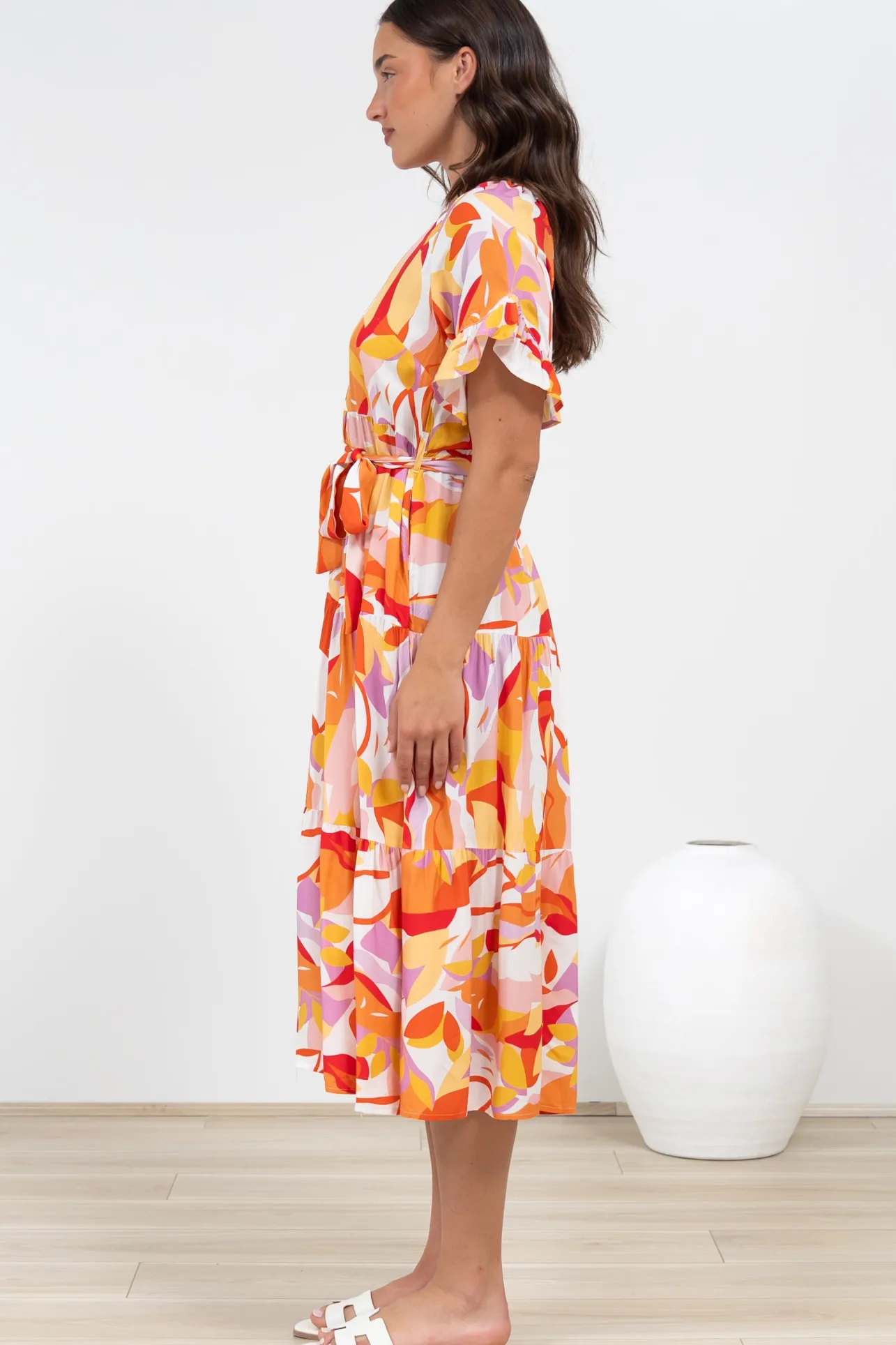 Bosco Midi Dress - V-Neck Tiered Dress with Waist Tie in Fallon Print>Salty Crush Sale
