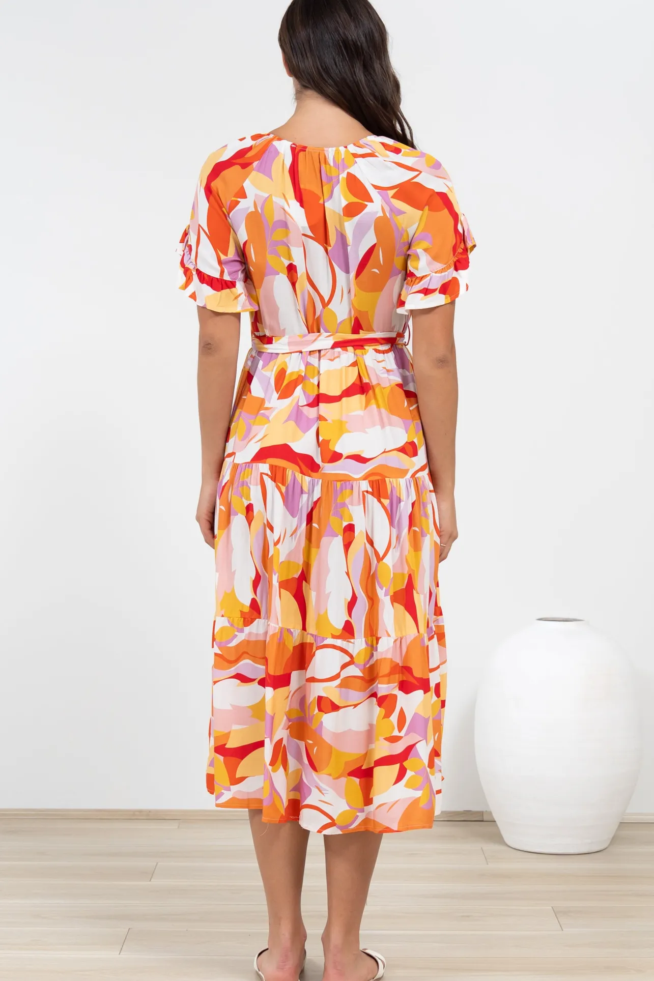 Bosco Midi Dress - V-Neck Tiered Dress with Waist Tie in Fallon Print>Salty Crush Sale