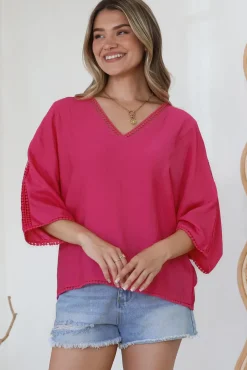Brandi Top - Crochet Trim V-Neck Pull Over in Hot Pink>Salty Crush Best