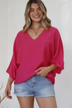 Brandi Top - Crochet Trim V-Neck Pull Over in Hot Pink><noscript><img width=