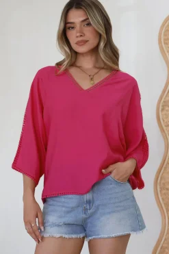Brandi Top - Crochet Trim V-Neck Pull Over in Hot Pink><noscript><img width=