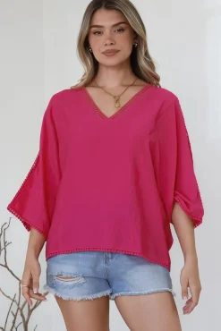 Brandi Top - Crochet Trim V-Neck Pull Over in Hot Pink><noscript><img width=