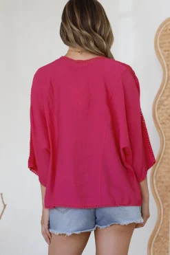 Brandi Top - Crochet Trim V-Neck Pull Over in Hot Pink><noscript><img width=