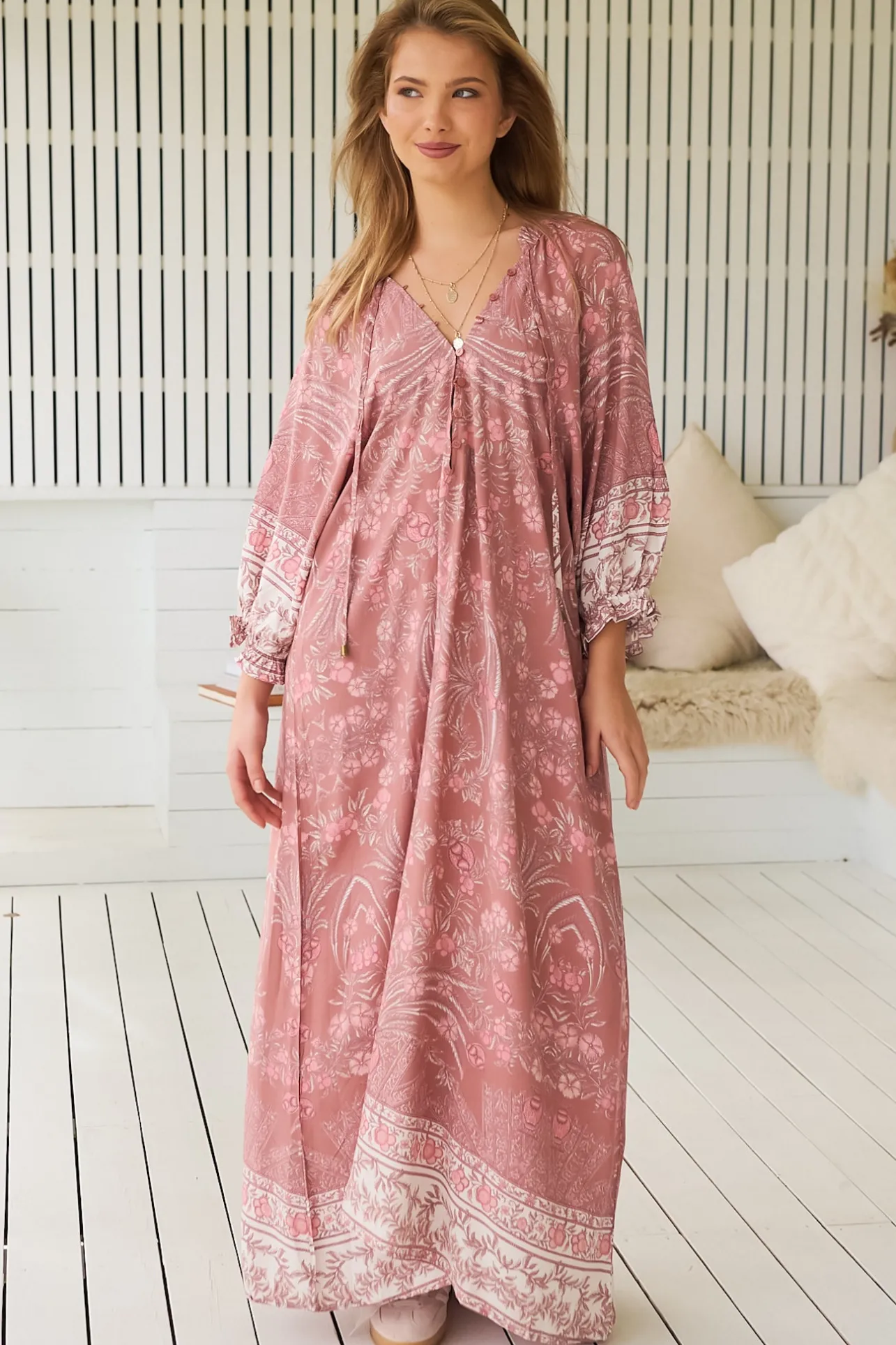 Bree Maxi Dress - Frill Balloon Sleeve V Neck Shift Dress in Angelina Print>Jaase Discount