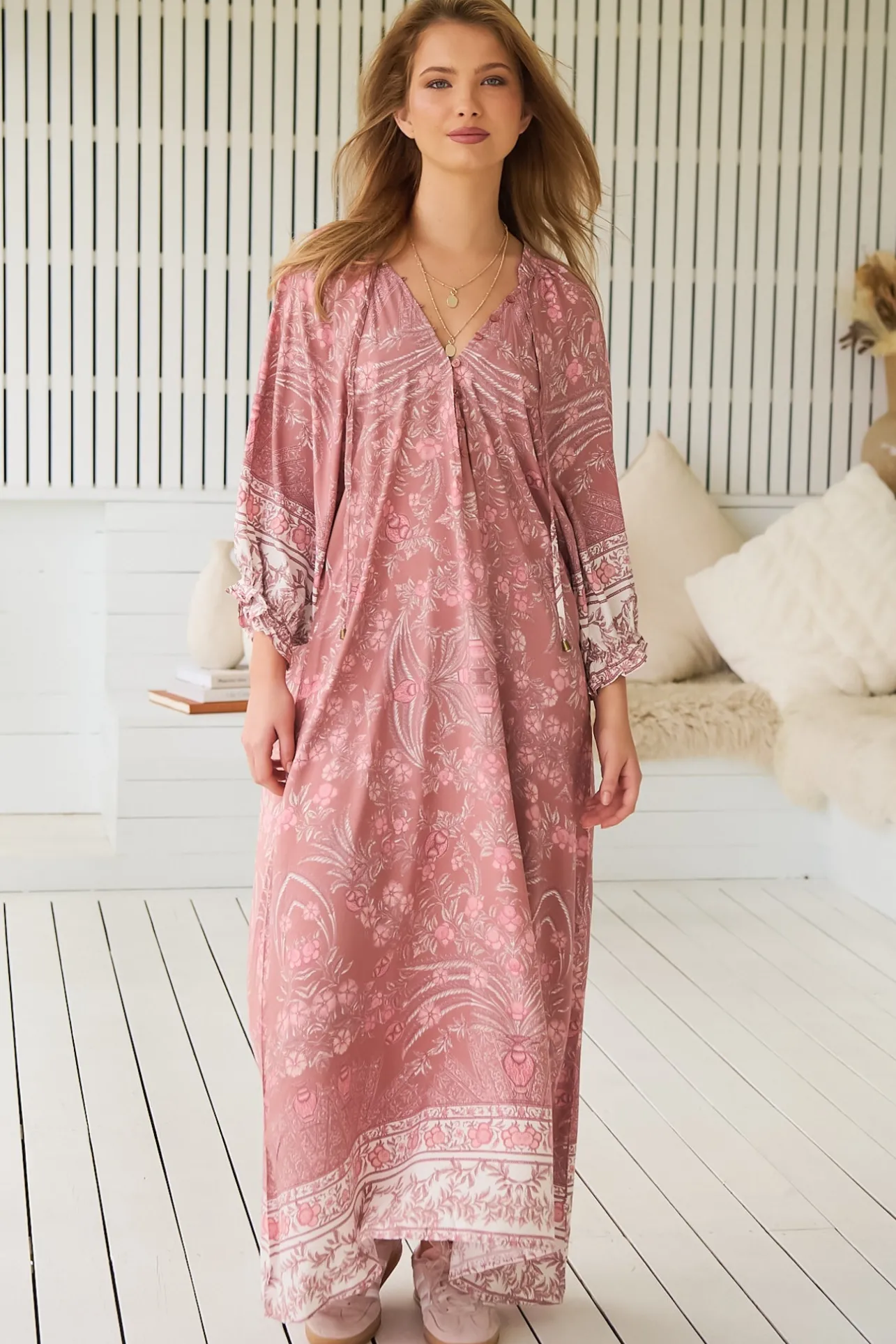 Bree Maxi Dress - Frill Balloon Sleeve V Neck Shift Dress in Angelina Print>Jaase Discount