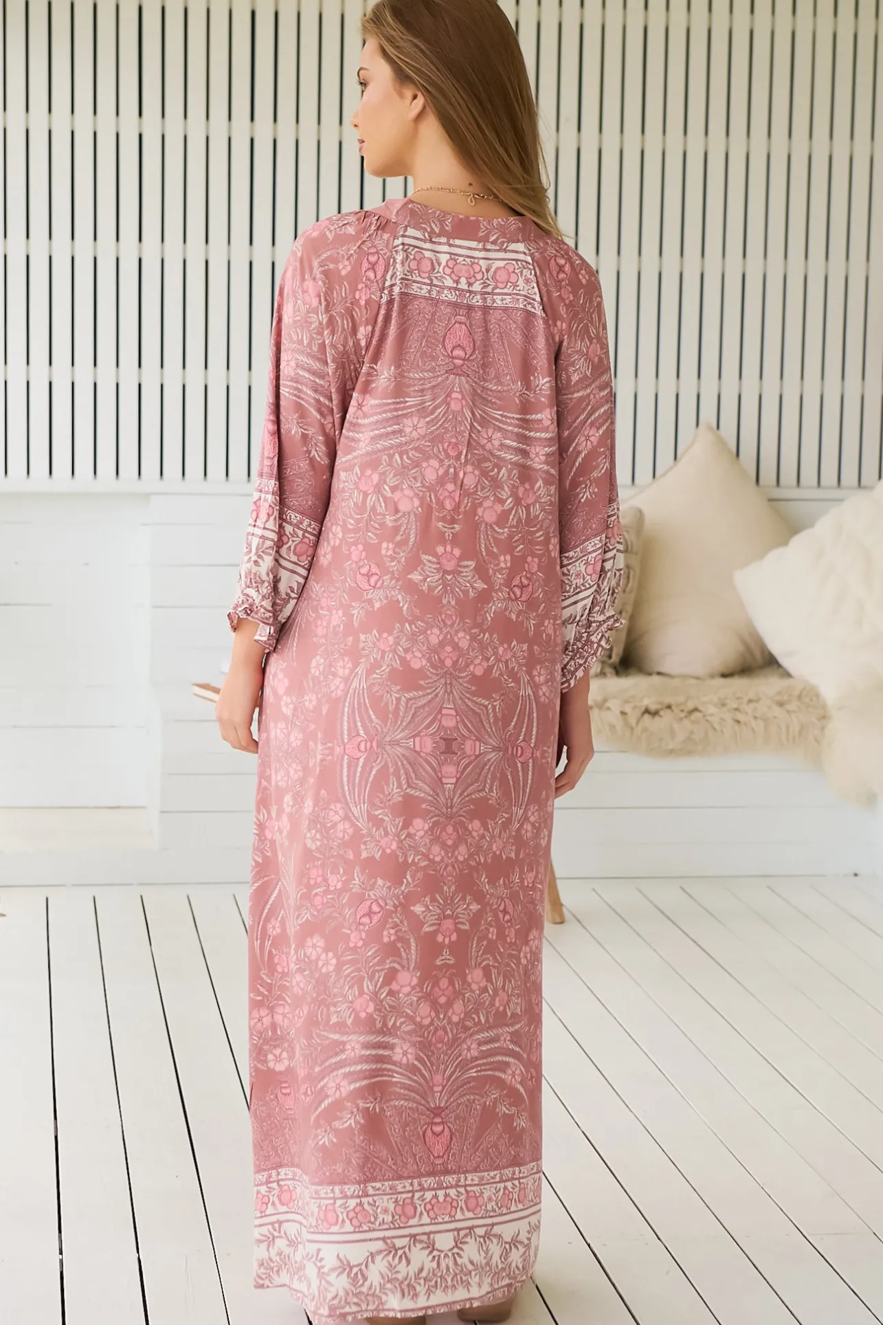 Bree Maxi Dress - Frill Balloon Sleeve V Neck Shift Dress in Angelina Print>Jaase Discount