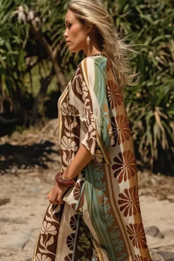 Bree Maxi Dress - Handkerchief Sleeve V Neck Shift Dress in Cacao Mist Print><noscript><img width=