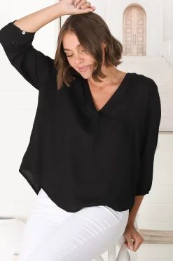 Brenda Top - V Neck 3/4 Sleeve with Button Cuff High-Low Hem Top in Black><noscript><img width=