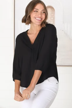 Brenda Top - V Neck 3/4 Sleeve with Button Cuff High-Low Hem Top in Black><noscript><img width=