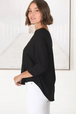 Brenda Top - V Neck 3/4 Sleeve with Button Cuff High-Low Hem Top in Black><noscript><img width=
