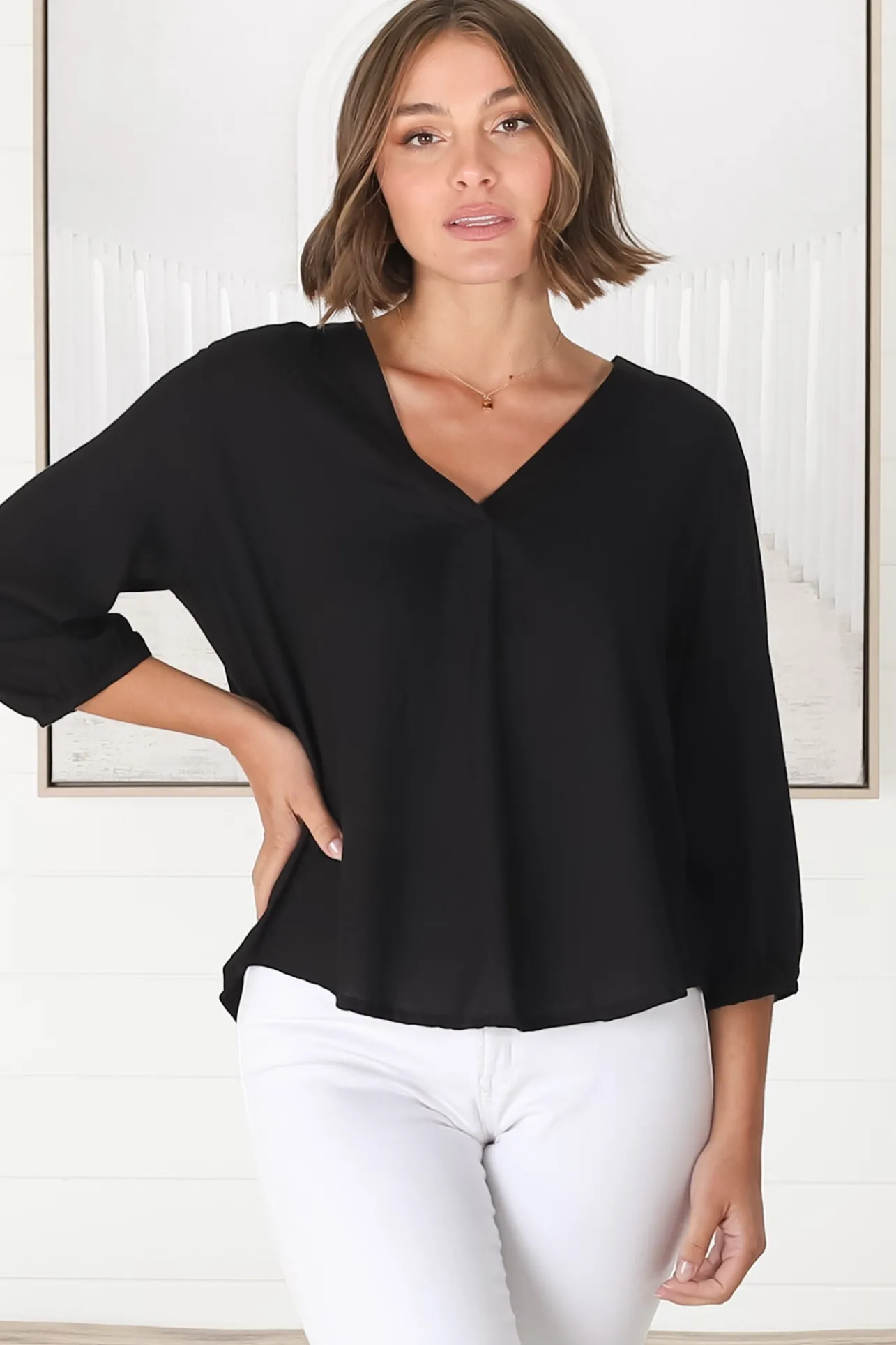 Brenda Top - V Neck 3/4 Sleeve with Button Cuff High-Low Hem Top in Black>Salty Crush Sale