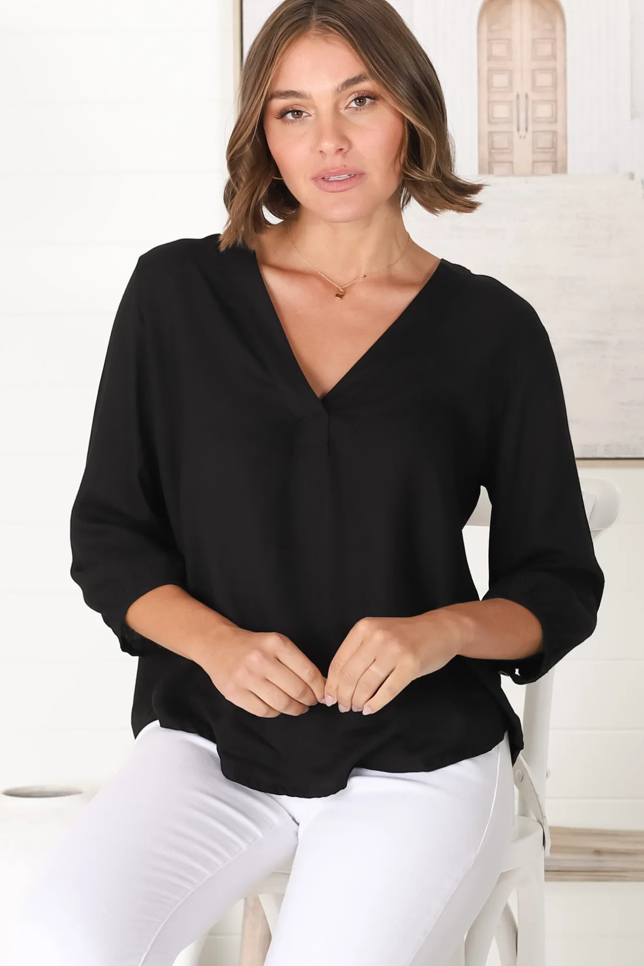 Brenda Top - V Neck 3/4 Sleeve with Button Cuff High-Low Hem Top in Black>Salty Crush Sale