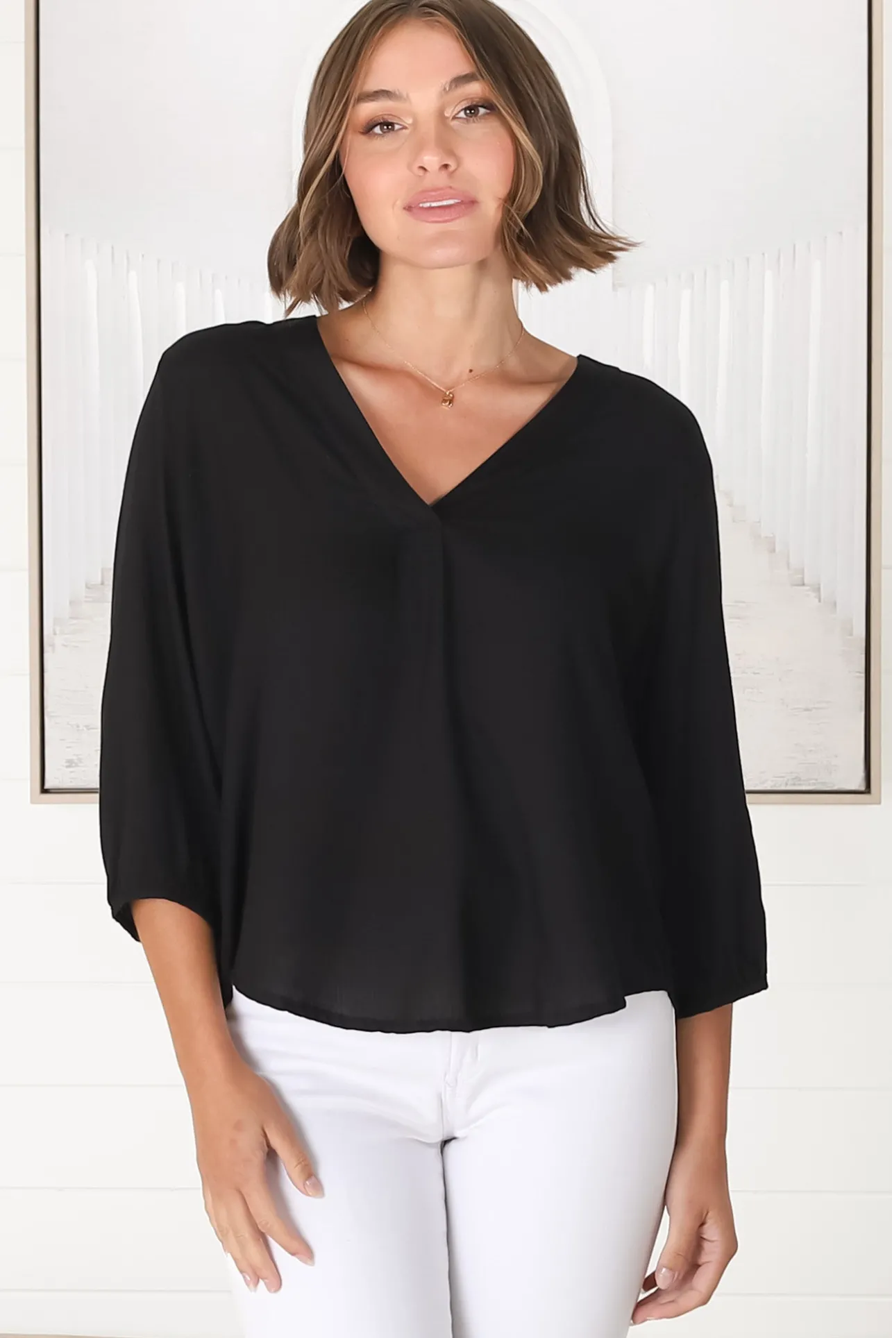Brenda Top - V Neck 3/4 Sleeve with Button Cuff High-Low Hem Top in Black>Salty Crush Sale