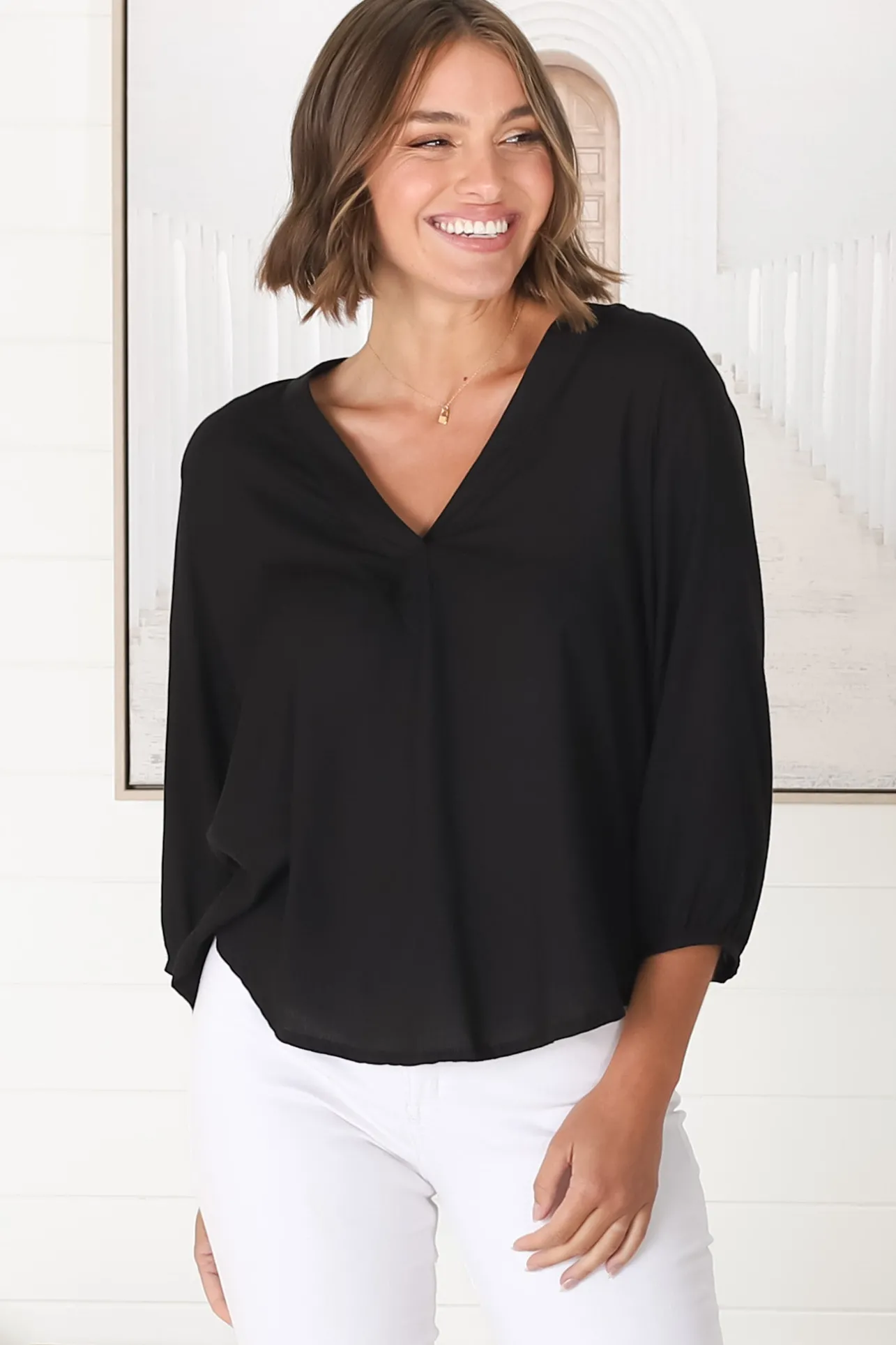 Brenda Top - V Neck 3/4 Sleeve with Button Cuff High-Low Hem Top in Black>Salty Crush Sale