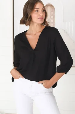Brenda Top - V Neck 3/4 Sleeve with Button Cuff High-Low Hem Top in Black><noscript><img width=