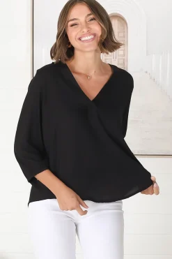 Brenda Top - V Neck 3/4 Sleeve with Button Cuff High-Low Hem Top in Black><noscript><img width=
