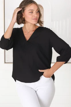 Brenda Top - V Neck 3/4 Sleeve with Button Cuff High-Low Hem Top in Black><noscript><img width=