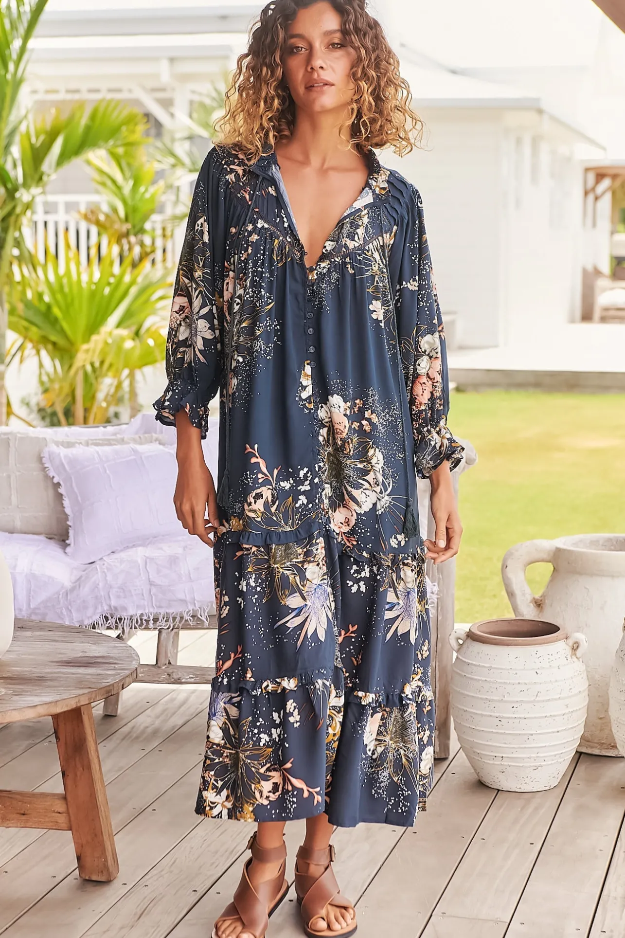 Briana Midi Dress - Frill Collar Oversized Buttoned Dress with Waist Tie and Frill Splicing in Indigo Print>Jaase Best