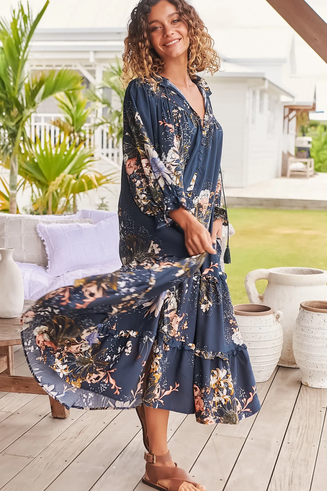 Briana Midi Dress - Frill Collar Oversized Buttoned Dress with Waist Tie and Frill Splicing in Indigo Print>Jaase Best