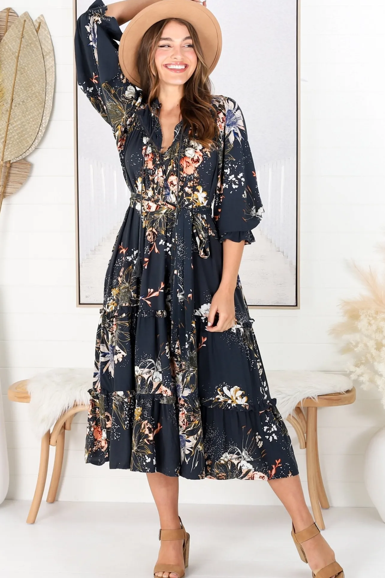 Briana Midi Dress - Frill Collar Oversized Buttoned Dress with Waist Tie and Frill Splicing in Indigo Print>Jaase Best