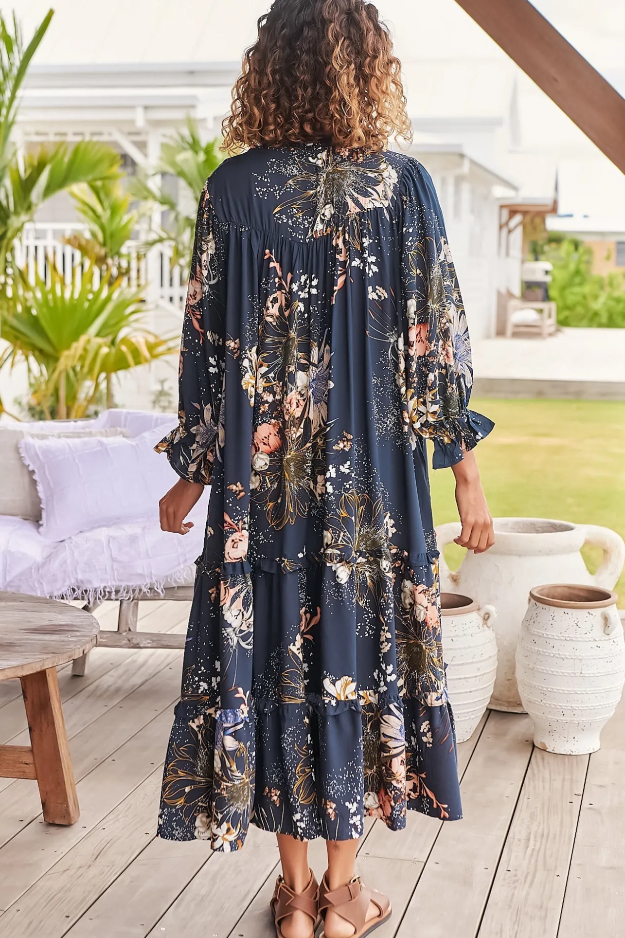 Briana Midi Dress - Frill Collar Oversized Buttoned Dress with Waist Tie and Frill Splicing in Indigo Print>Jaase Best