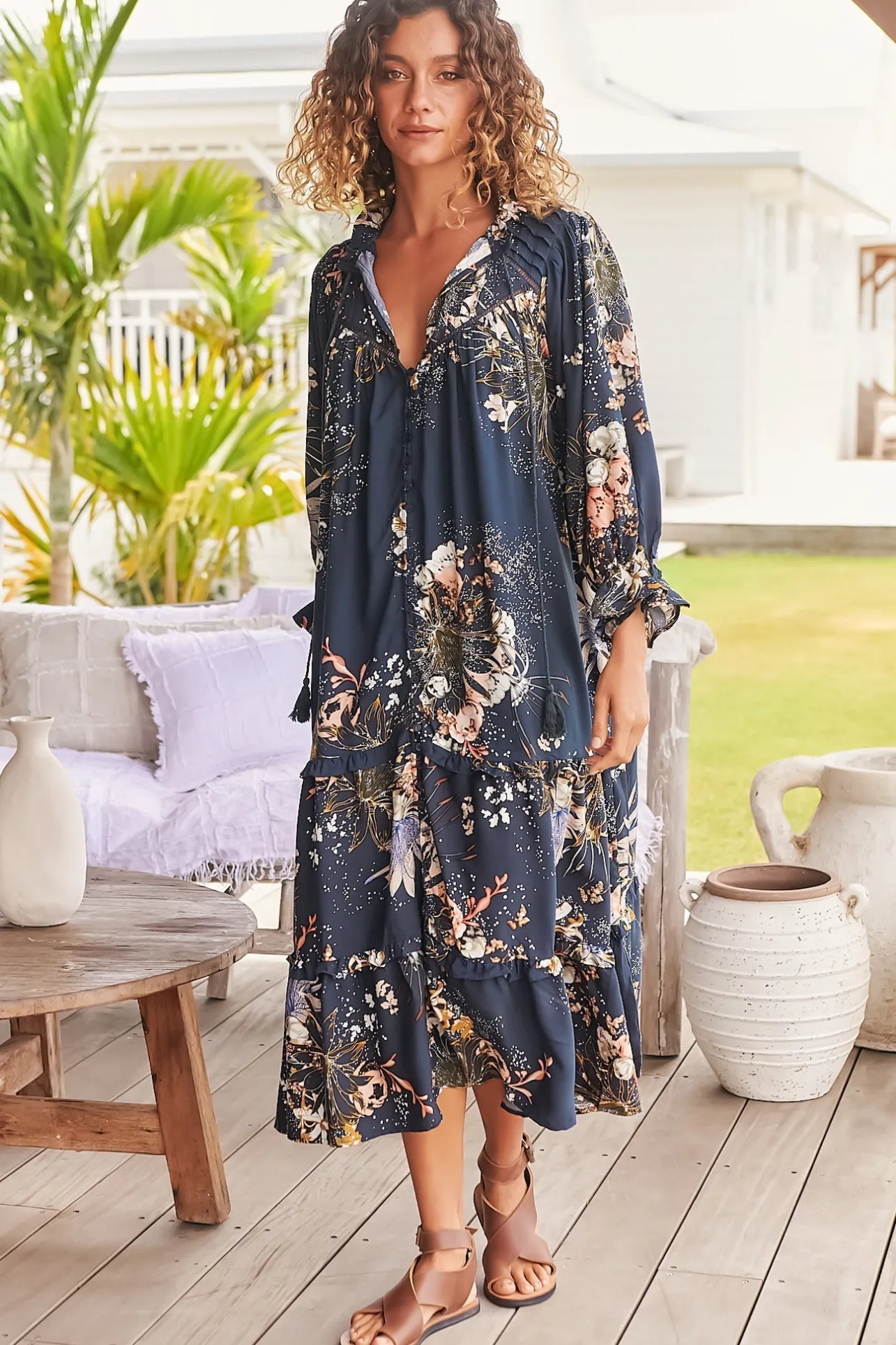 Briana Midi Dress - Frill Collar Oversized Buttoned Dress with Waist Tie and Frill Splicing in Indigo Print>Jaase Best