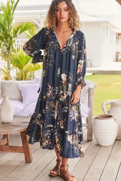 Briana Midi Dress - Frill Collar Oversized Buttoned Dress with Waist Tie and Frill Splicing in Indigo Print><noscript><img width=