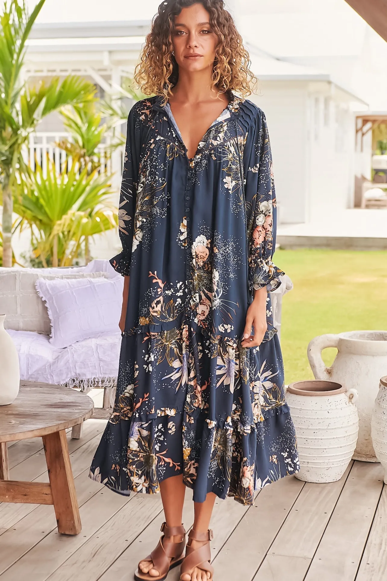 Briana Midi Dress - Frill Collar Oversized Buttoned Dress with Waist Tie and Frill Splicing in Indigo Print>Jaase Best