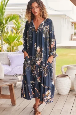 Briana Midi Dress - Frill Collar Oversized Buttoned Dress with Waist Tie and Frill Splicing in Indigo Print><noscript><img width=