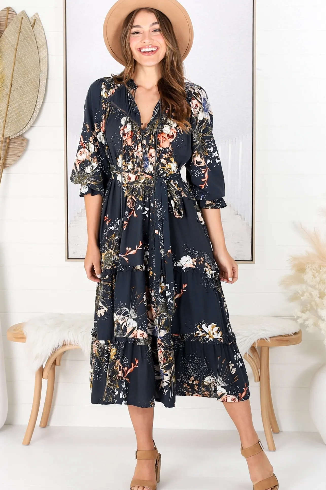 Briana Midi Dress - Frill Collar Oversized Buttoned Dress with Waist Tie and Frill Splicing in Indigo Print>Jaase Best