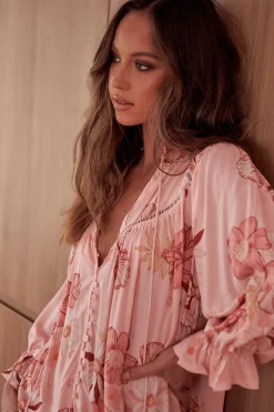 Briana Midi Dress - Frill Collar Oversized Buttoned Dress with Waist Tie and Frill Splicing in Beliss Print>Jaase Clearance