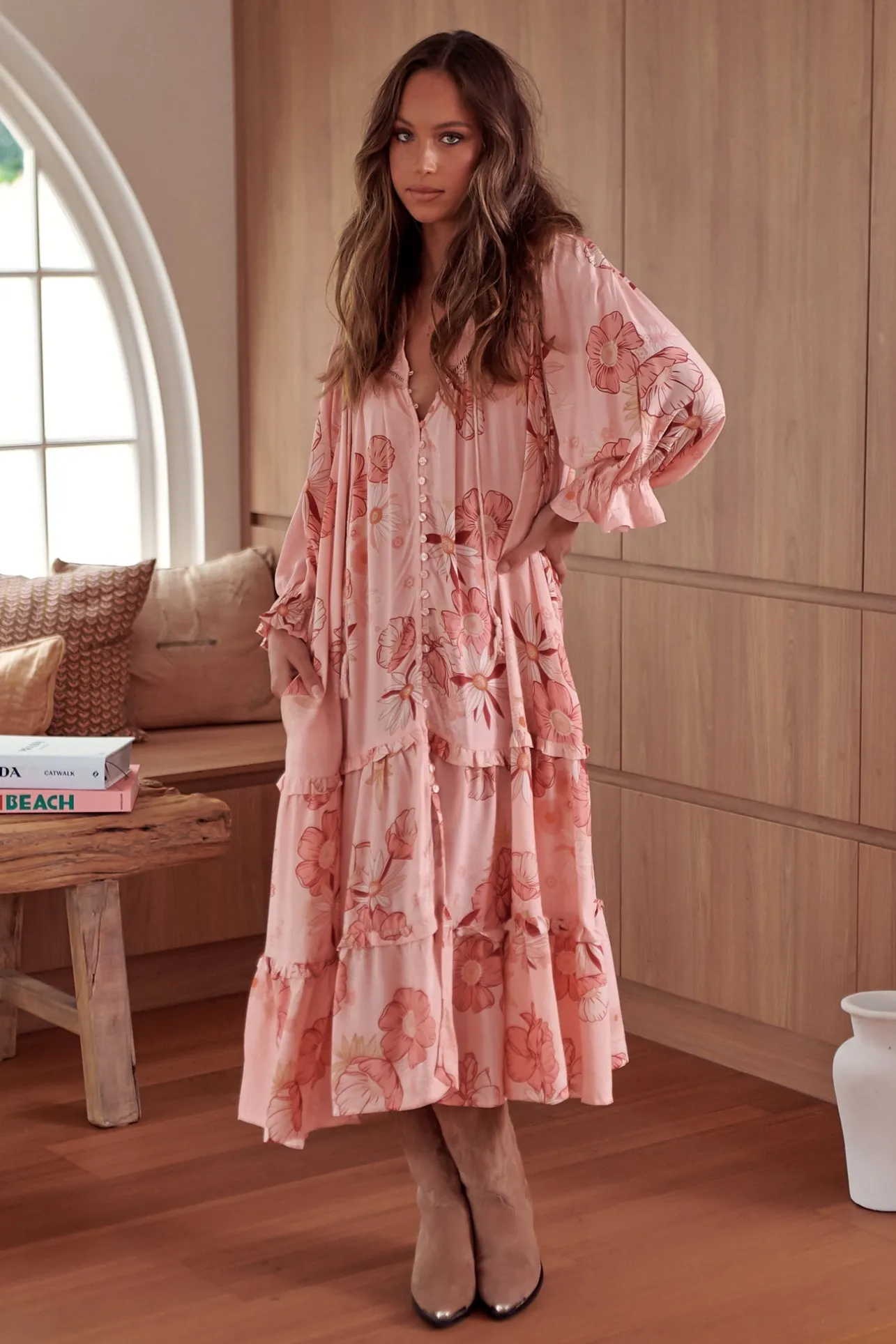Briana Midi Dress - Frill Collar Oversized Buttoned Dress with Waist Tie and Frill Splicing in Beliss Print>Jaase Clearance