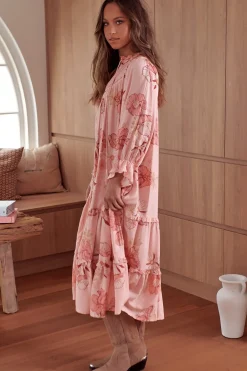 Briana Midi Dress - Frill Collar Oversized Buttoned Dress with Waist Tie and Frill Splicing in Beliss Print><noscript><img width=