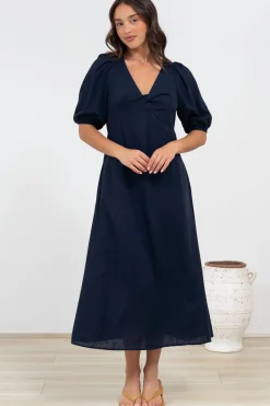 Brie Midi Dress - V-Neck Empire Line Dress with Pockets in Navy>Salty Crush Outlet