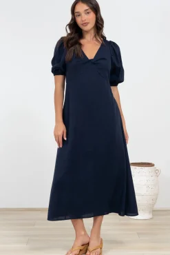 Brie Midi Dress - V-Neck Empire Line Dress with Pockets in Navy><noscript><img width=