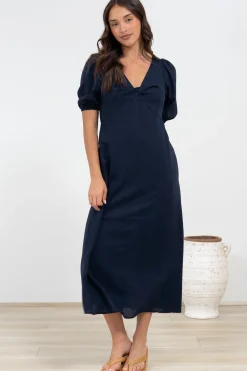 Brie Midi Dress - V-Neck Empire Line Dress with Pockets in Navy><noscript><img width=
