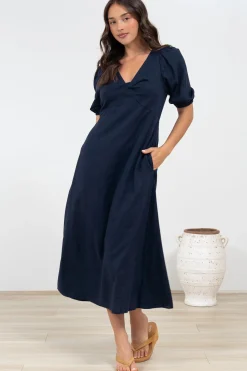 Brie Midi Dress - V-Neck Empire Line Dress with Pockets in Navy><noscript><img width=