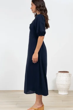 Brie Midi Dress - V-Neck Empire Line Dress with Pockets in Navy><noscript><img width=