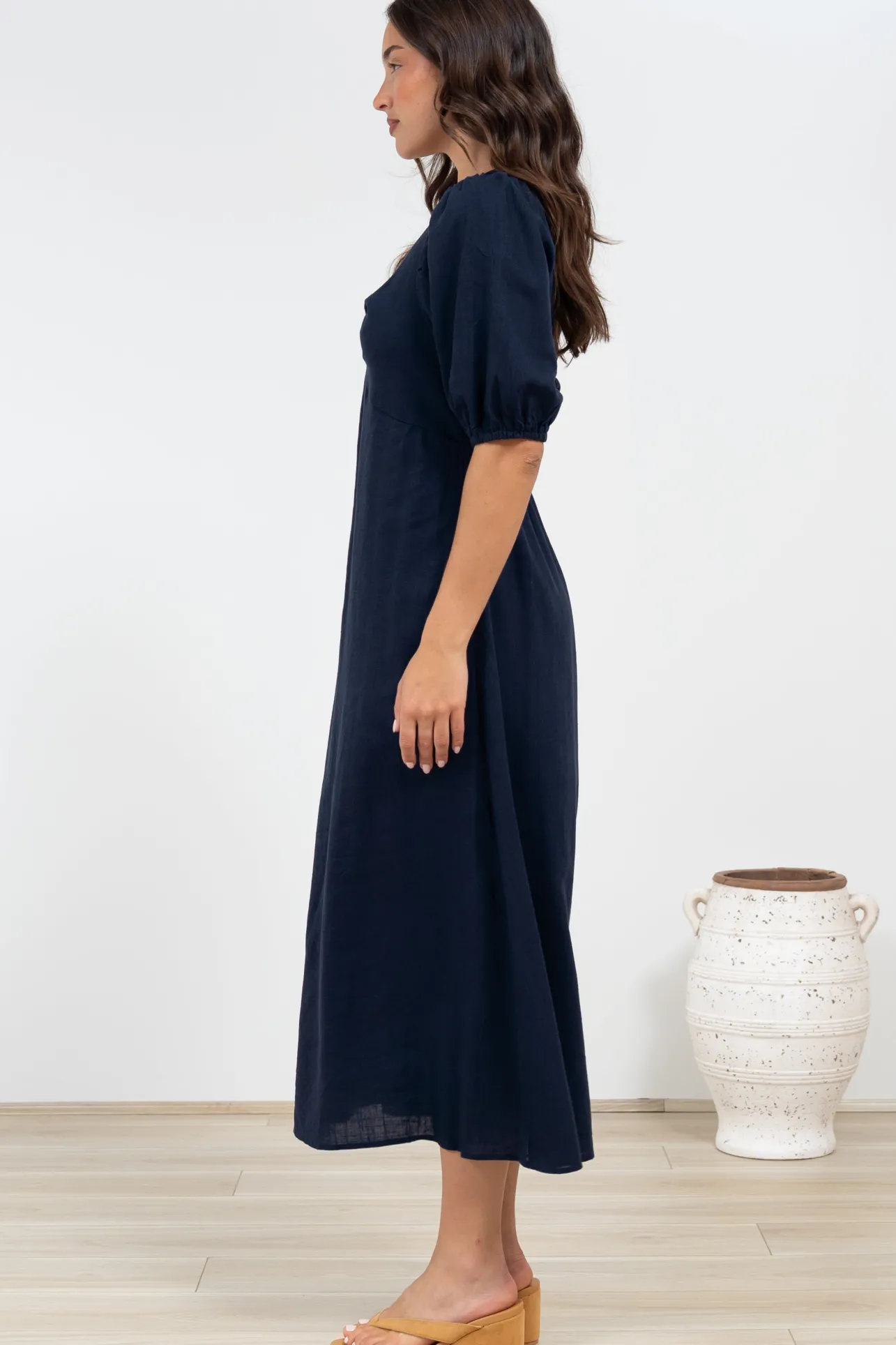 Brie Midi Dress - V-Neck Empire Line Dress with Pockets in Navy>Salty Crush Outlet