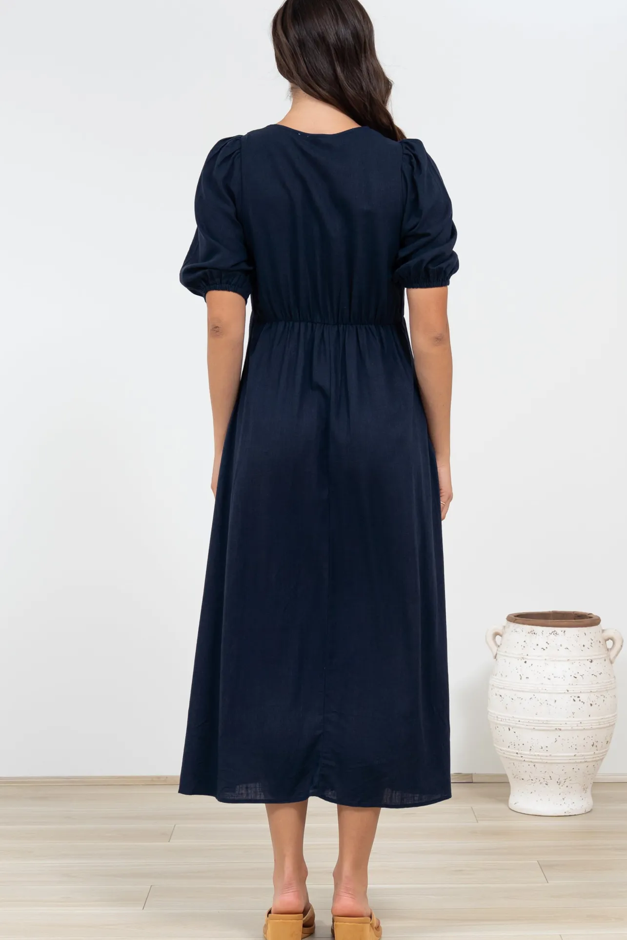 Brie Midi Dress - V-Neck Empire Line Dress with Pockets in Navy>Salty Crush Outlet